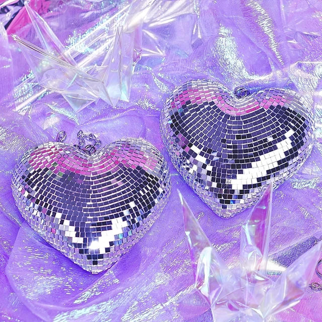 Alt view image 6 of 7 - RGZOCT Disco Balls 2 Pack Silver Heart-Shaped Stage Mirror Balls Hanging Decor for Party, Room, Wedding, Garden, Retro Reflective Disco Ball Handmade Gifts (6.3 inch)
