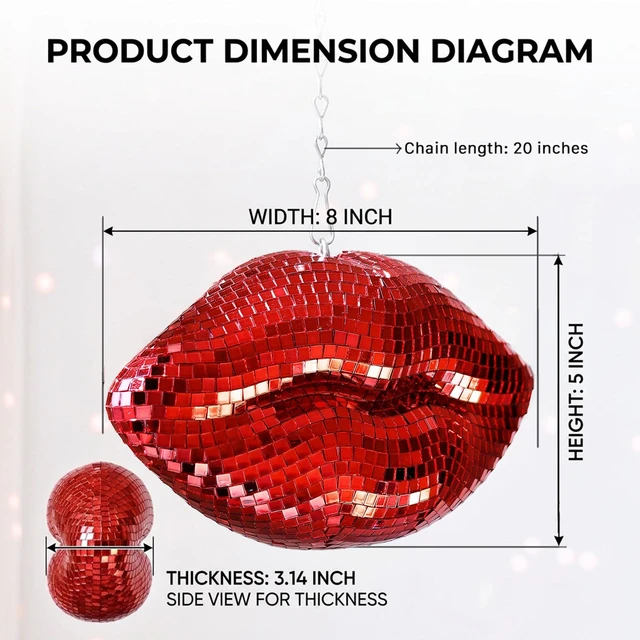 Alt view image 4 of 7 - Hanging Disco Lips, Red Disco Ball Decor 8'' | Mirrored Lips Pop Art Decor Cute Handmade Gift for Girls Bedroom, Wedding, Retro Party, Christmas