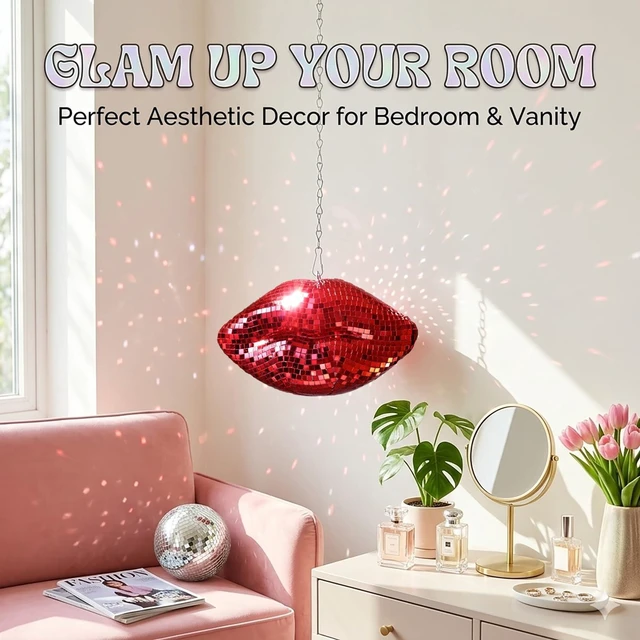Alt view image 6 of 7 - Hanging Disco Lips, Red Disco Ball Decor 8'' | Mirrored Lips Pop Art Decor Cute Handmade Gift for Girls Bedroom, Wedding, Retro Party, Christmas