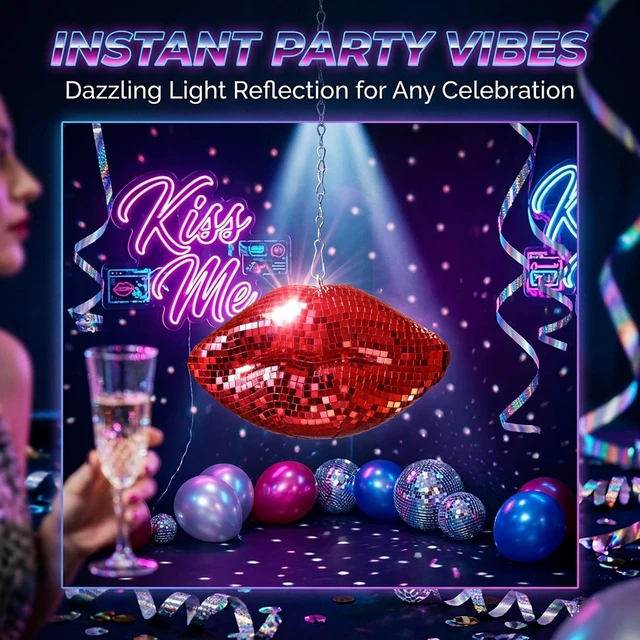 Alt view image 7 of 7 - Hanging Disco Lips, Red Disco Ball Decor 8'' | Mirrored Lips Pop Art Decor Cute Handmade Gift for Girls Bedroom, Wedding, Retro Party, Christmas