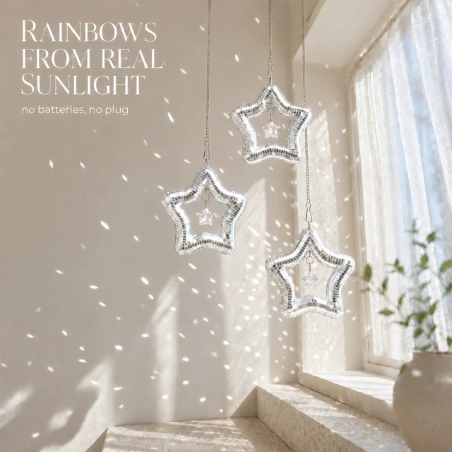 Alt view image 2 of 7 - AceList Set of 3 Celestial Crystal Star Suncatcher for Window, Mirror Disco Star Rainbow Makers with K9 Prism Boho Hanging Sun Catchers for Bedroom, Plant, Christmas Tree, Gift for Women