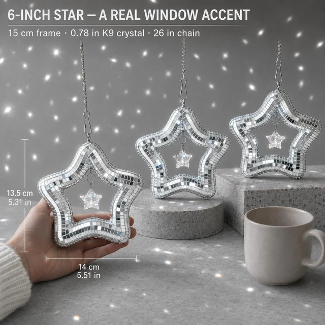 Alt view image 3 of 7 - AceList Set of 3 Celestial Crystal Star Suncatcher for Window, Mirror Disco Star Rainbow Makers with K9 Prism Boho Hanging Sun Catchers for Bedroom, Plant, Christmas Tree, Gift for Women