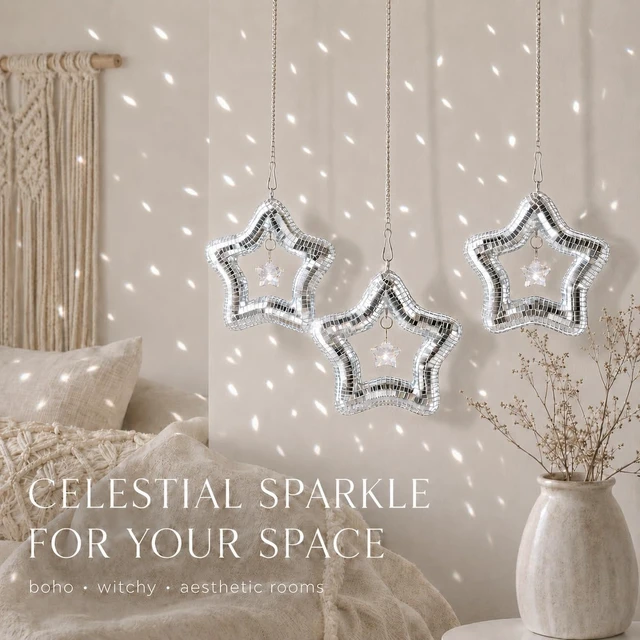 Alt view image 4 of 7 - AceList Set of 3 Celestial Crystal Star Suncatcher for Window, Mirror Disco Star Rainbow Makers with K9 Prism Boho Hanging Sun Catchers for Bedroom, Plant, Christmas Tree, Gift for Women