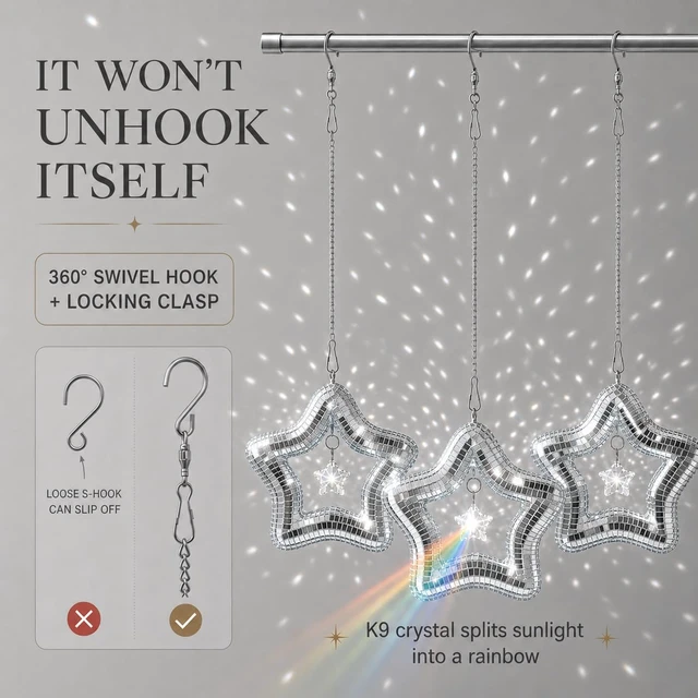 Alt view image 7 of 7 - AceList Set of 3 Celestial Crystal Star Suncatcher for Window, Mirror Disco Star Rainbow Makers with K9 Prism Boho Hanging Sun Catchers for Bedroom, Plant, Christmas Tree, Gift for Women