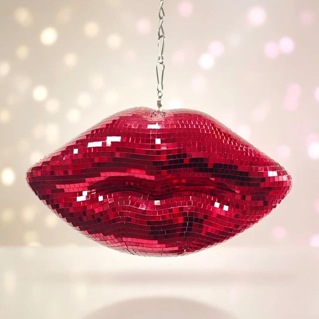 Main image of MFGDISCO Red Disco Lips, 9in Mirrored Hanging Kiss Wall Decor | 9in red disco mirror lips; hanging chain included; handmade; for party, anniversary & Christmas decor