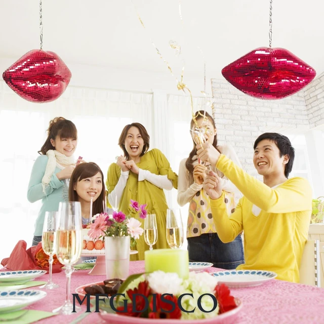 Alt view image 2 of 7 - MFGDISCO Red Disco Lips, 9in Mirrored Hanging Kiss Wall Decor | 9in red disco mirror lips; hanging chain included; handmade; for party, anniversary & Christmas decor