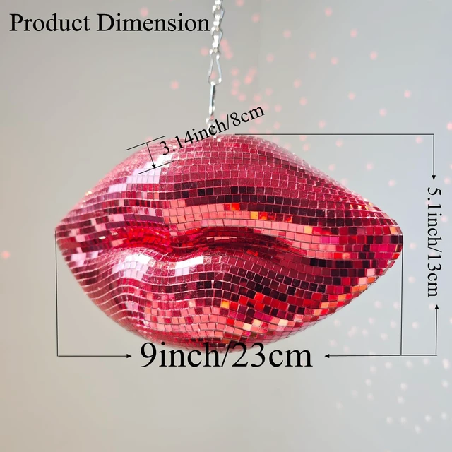 Alt view image 4 of 7 - MFGDISCO Red Disco Lips, 9in Mirrored Hanging Kiss Wall Decor | 9in red disco mirror lips; hanging chain included; handmade; for party, anniversary & Christmas decor