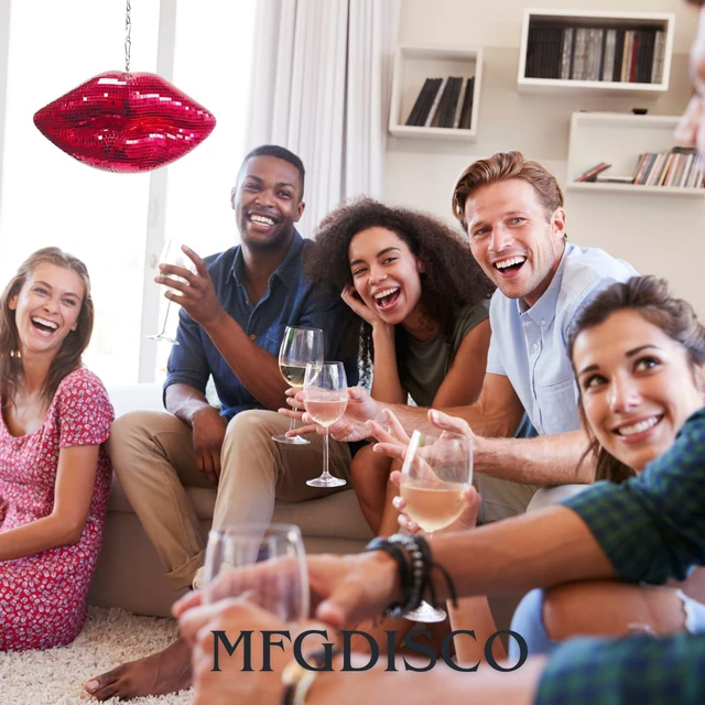 Alt view image 6 of 7 - MFGDISCO Red Disco Lips, 9in Mirrored Hanging Kiss Wall Decor | 9in red disco mirror lips; hanging chain included; handmade; for party, anniversary & Christmas decor