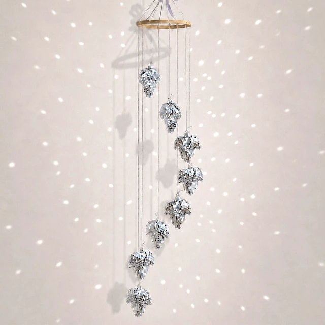 Main image of Hanging Disco Ball Sun Catcher, Silver Mirror Maple Leaf Fall Decor, 35 in | Sparkling autumn window accent, tangle-free packaging with pull-here card, spare tiles and swivel hook included, gift ready