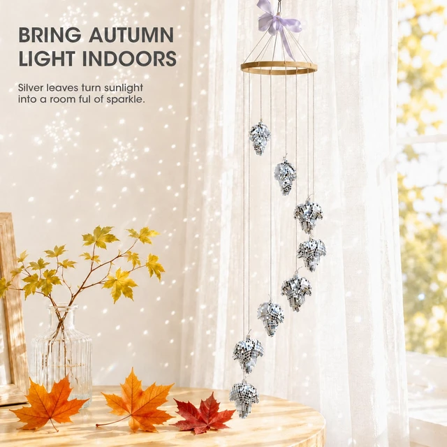 Alt view image 2 of 7 - Hanging Disco Ball Sun Catcher, Silver Mirror Maple Leaf Fall Decor, 35 in | Sparkling autumn window accent, tangle-free packaging with pull-here card, spare tiles and swivel hook included, gift ready