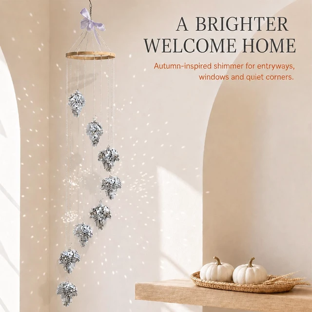 Alt view image 3 of 7 - Hanging Disco Ball Sun Catcher, Silver Mirror Maple Leaf Fall Decor, 35 in | Sparkling autumn window accent, tangle-free packaging with pull-here card, spare tiles and swivel hook included, gift ready