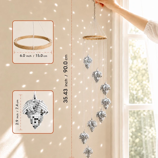 Alt view image 4 of 7 - Hanging Disco Ball Sun Catcher, Silver Mirror Maple Leaf Fall Decor, 35 in | Sparkling autumn window accent, tangle-free packaging with pull-here card, spare tiles and swivel hook included, gift ready