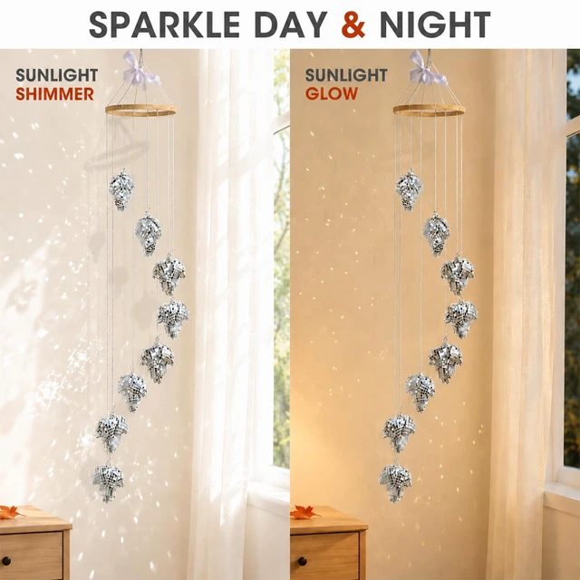 Alt view image 5 of 7 - Hanging Disco Ball Sun Catcher, Silver Mirror Maple Leaf Fall Decor, 35 in | Sparkling autumn window accent, tangle-free packaging with pull-here card, spare tiles and swivel hook included, gift ready