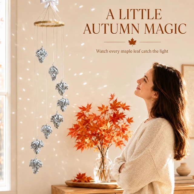 Alt view image 7 of 7 - Hanging Disco Ball Sun Catcher, Silver Mirror Maple Leaf Fall Decor, 35 in | Sparkling autumn window accent, tangle-free packaging with pull-here card, spare tiles and swivel hook included, gift ready