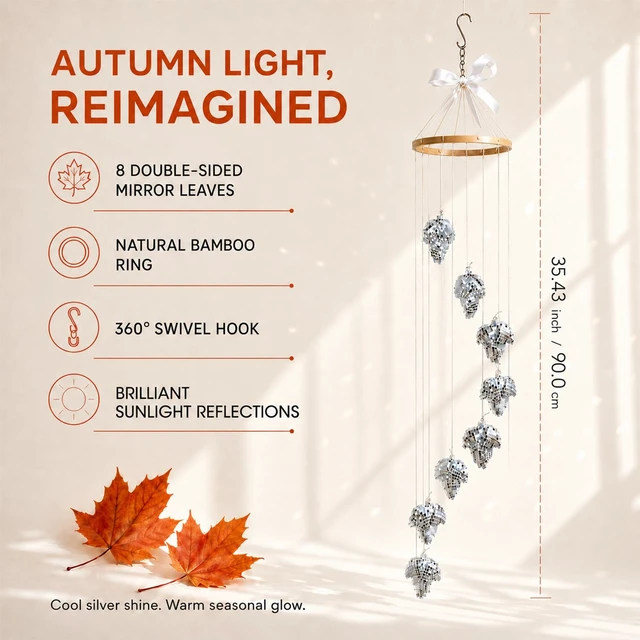 Alt view image 6 of 7 - Hanging Disco Ball Sun Catcher, Silver Mirror Maple Leaf Fall Decor, 35 in | Sparkling autumn window accent, tangle-free packaging with pull-here card, spare tiles and swivel hook included, gift ready