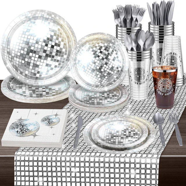 Main image of durony 169 Pieces 70s 80s Disco Party Supplies, Severs 24 Silver Disco Ball Dinnerware Include Plates Cups Cocktail Napkins Plastic Cutlery Table Runner for Bachelorette Birthday Party