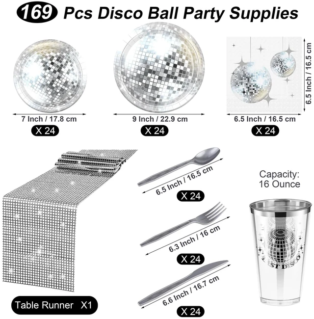 Alt view image 2 of 7 - durony 169 Pieces 70s 80s Disco Party Supplies, Severs 24 Silver Disco Ball Dinnerware Include Plates Cups Cocktail Napkins Plastic Cutlery Table Runner for Bachelorette Birthday Party