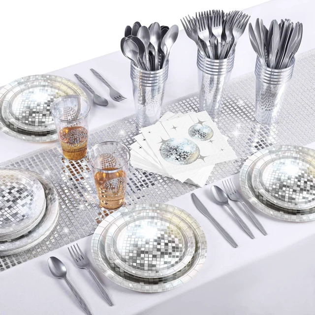 Alt view image 5 of 7 - durony 169 Pieces 70s 80s Disco Party Supplies, Severs 24 Silver Disco Ball Dinnerware Include Plates Cups Cocktail Napkins Plastic Cutlery Table Runner for Bachelorette Birthday Party