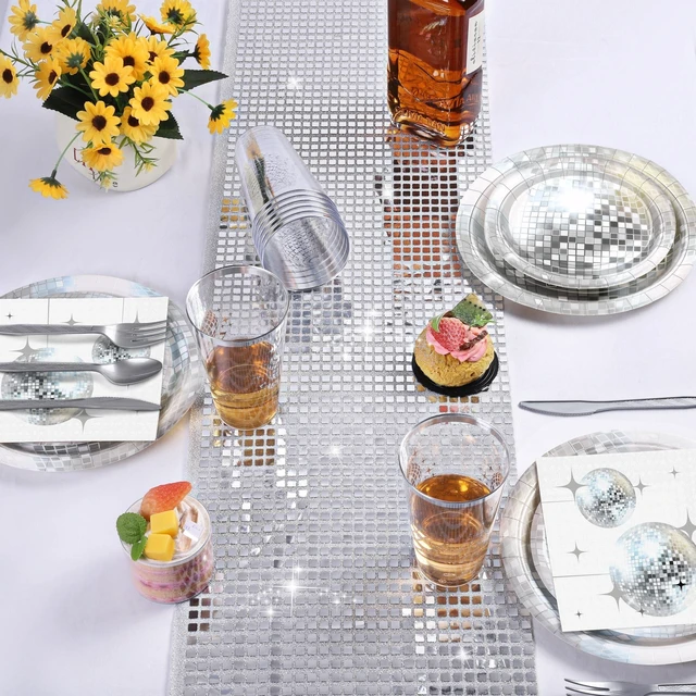 Alt view image 4 of 7 - durony 169 Pieces 70s 80s Disco Party Supplies, Severs 24 Silver Disco Ball Dinnerware Include Plates Cups Cocktail Napkins Plastic Cutlery Table Runner for Bachelorette Birthday Party