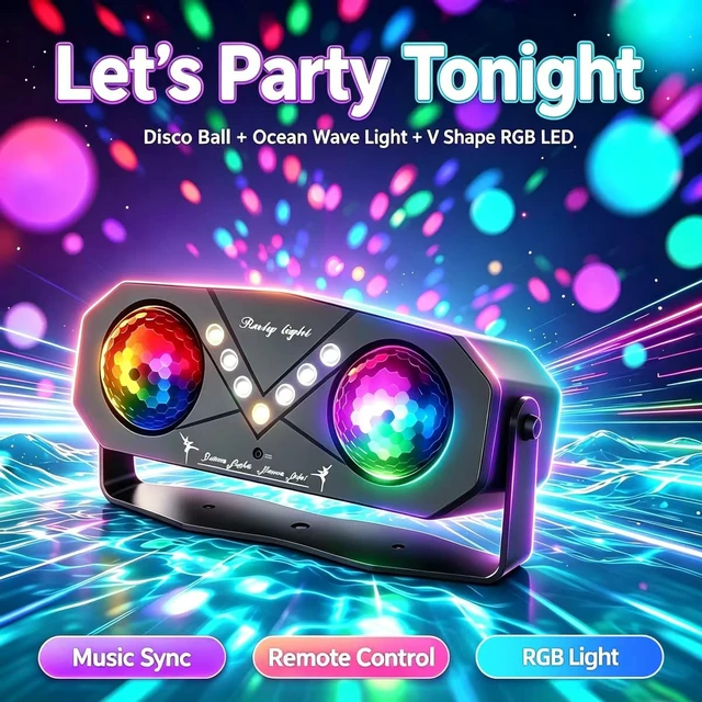 Alt view image 2 of 7 - Mslitely Updated Disco Ball Party Light with V-Shaped LED Beads | Ocean Star Projection Stage Strobe Light, Sound Activated Rotating Atmosphere Light with Remote Control for Birthday Wedding