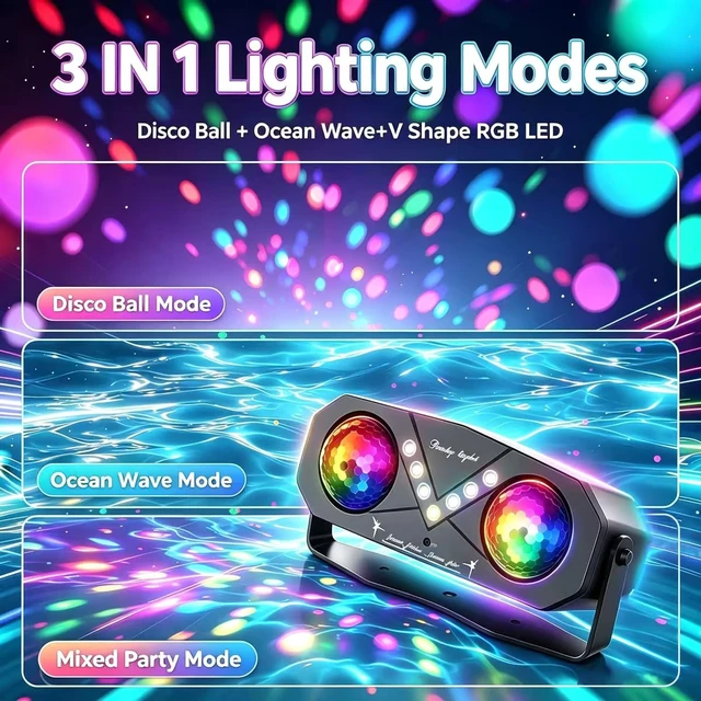 Alt view image 3 of 7 - Mslitely Updated Disco Ball Party Light with V-Shaped LED Beads | Ocean Star Projection Stage Strobe Light, Sound Activated Rotating Atmosphere Light with Remote Control for Birthday Wedding