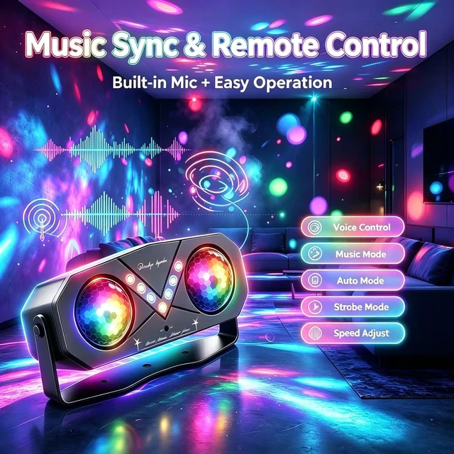 Alt view image 6 of 7 - Mslitely Updated Disco Ball Party Light with V-Shaped LED Beads | Ocean Star Projection Stage Strobe Light, Sound Activated Rotating Atmosphere Light with Remote Control for Birthday Wedding