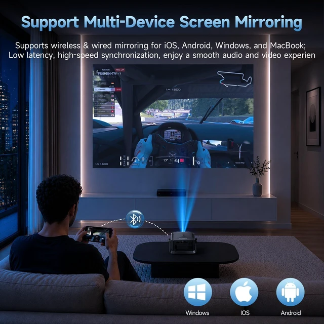 Alt view image 4 of 7 - Home Projector 1080P, Mini Movie Projector with WiFi Bluetooth, Auto Keystone, Remote, Focus HDMI USB Compatible with iOS/Android Phone, Laptop, TV Stick, PS5, Home Theater (Black-Silver)
