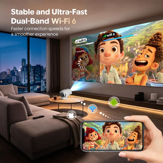 Alt view image 5 of 7 - Mini Projector with WiFi and Bluetooth Support 1080P & 4K Smart Projector | Built-in Apps Portable Projector 270°Rotatable Auto Keystone, Compatibile with HDMI/TV Stick/Memory Stick/Laptop, White