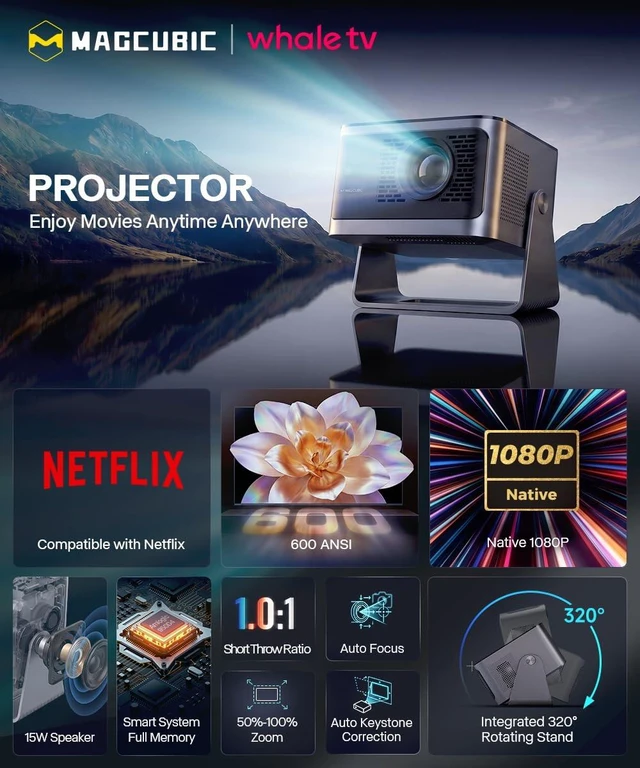 Alt view image 2 of 7 - Magcubic Native 1080P Projector Mini Projector Compatible with Netflix | Auto Focus Vertical Keystone WiFi Bluetooth Smart Proyector for Movie Home Outdoor