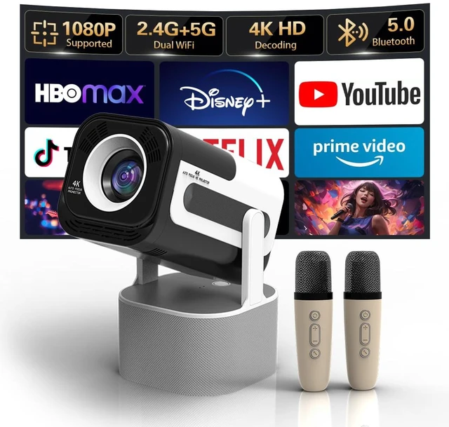 Main image of JYNTOXA Projector with WiFi and Bluetooth, Projector for Bedroom/Outdoor | 180° Rotatable Smart Projector, 2 Wireless Microphones Included, Compatible with HDMI