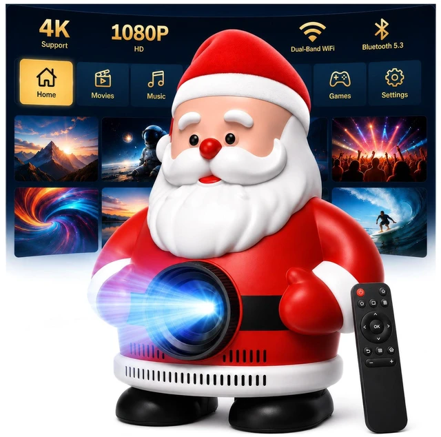 Main image of Mini Portable Projector with Wifi and Bluetooth,Cute Santa Design,Native 1080P,Built in Apps,Support 4K,Auto Keystone,Compatible w/ HDMI/USB/TV Stick/Smartphone/Laptop for Outdoor/Indoor Home Theater