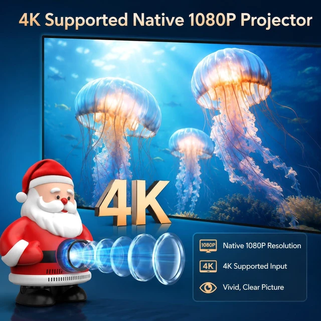 Alt view image 2 of 7 - Mini Portable Projector with Wifi and Bluetooth,Cute Santa Design,Native 1080P,Built in Apps,Support 4K,Auto Keystone,Compatible w/ HDMI/USB/TV Stick/Smartphone/Laptop for Outdoor/Indoor Home Theater
