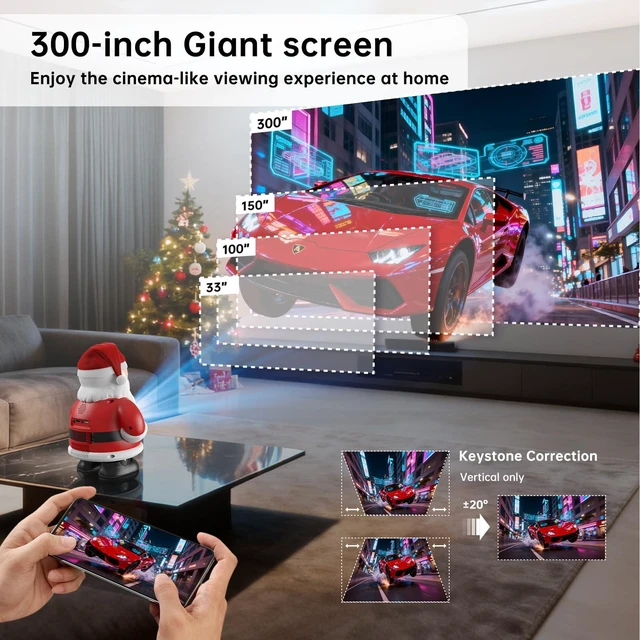 Alt view image 3 of 7 - Mini Portable Projector with Wifi and Bluetooth,Cute Santa Design,Native 1080P,Built in Apps,Support 4K,Auto Keystone,Compatible w/ HDMI/USB/TV Stick/Smartphone/Laptop for Outdoor/Indoor Home Theater