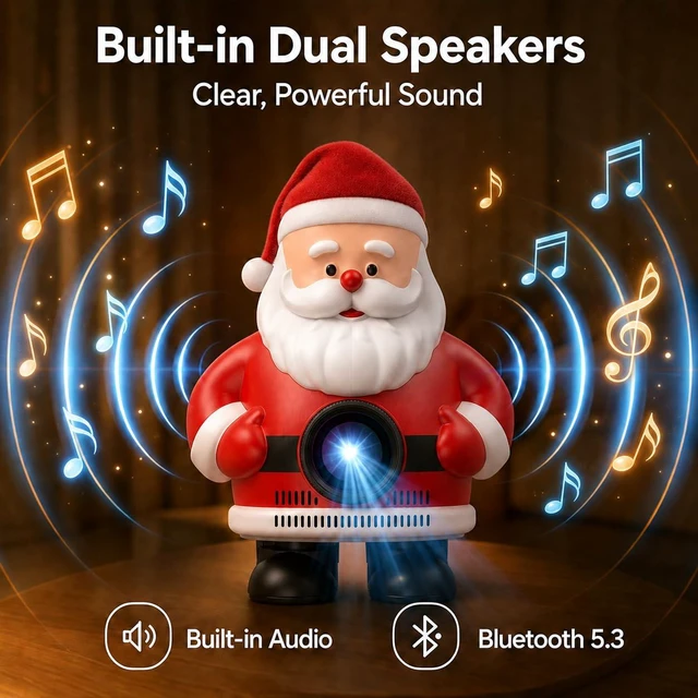 Alt view image 6 of 7 - Mini Portable Projector with Wifi and Bluetooth,Cute Santa Design,Native 1080P,Built in Apps,Support 4K,Auto Keystone,Compatible w/ HDMI/USB/TV Stick/Smartphone/Laptop for Outdoor/Indoor Home Theater