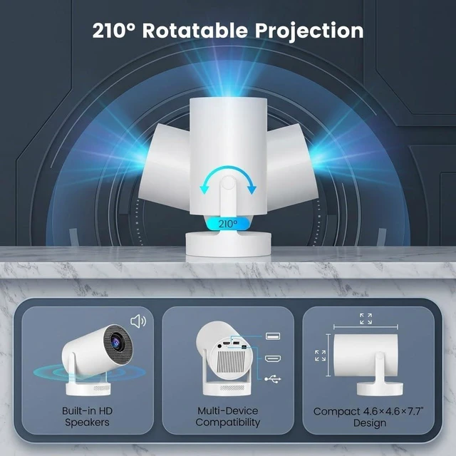 Alt view image 4 of 7 - Mini Projector with WiFi and Bluetooth, Support 4K 1080P | Portable Projector with 5W Speaker, 210° Rotatable, Auto Keystone & Motorized Focus, Projector with HDM, USB, Phone, Laptop