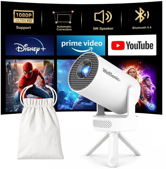 Main image of WellSonic Mini Projector with Wifi and Bluetooth, 5W Speaker | 200 ANSI,Supports 1080P, Built-in Apps,Tripod Stand & Carry Bag, 180°Rotatable, Compatible with HDMI USB PC Laptop