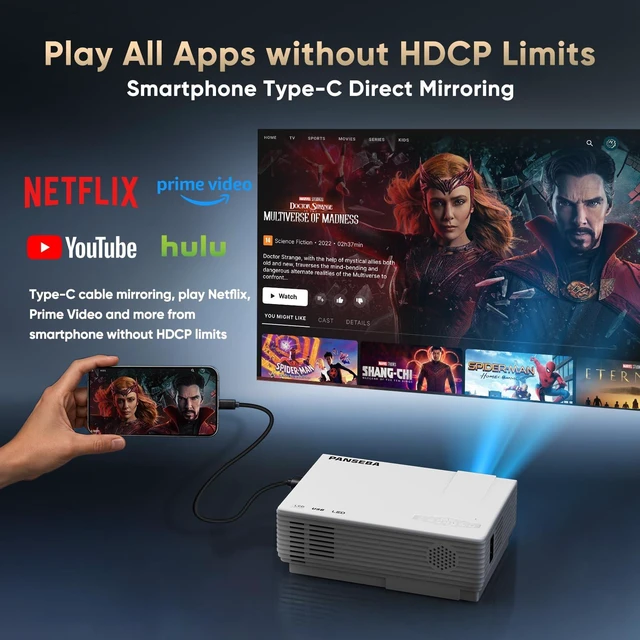 Alt view image 2 of 7 - Native 1080P Mini Projector Bluetooth, Type-C Wired Mirroring for Netflix | Included Type-C Cable Smartphone Mirroring, Bluetooth Projector, E Focus, Auto Keystone, Indoor/Outdoor Projector