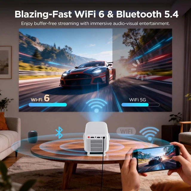 Alt view image 5 of 7 - Portable Projector for Home & Camping Cinema, Auto Focus Keystone, Smart Projector Android 11, 1080P FHD 600 ANSI, 4K Support, Projectors with WiFi 6 Bluetooth 5.4