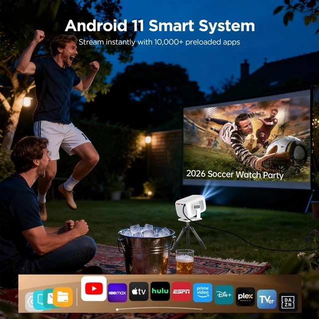 Alt view image 4 of 7 - Portable Projector for Home & Camping Cinema, Auto Focus Keystone, Smart Projector Android 11, 1080P FHD 600 ANSI, 4K Support, Projectors with WiFi 6 Bluetooth 5.4