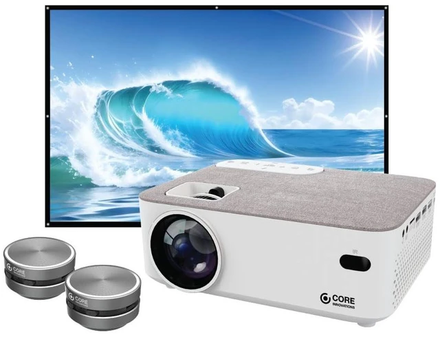 Main image of Core Innovations Home Theater Bundle with Projector, 120" Screen, and Two Mini Bluetooth Wireless Bone Conduction Instant Speakers, White