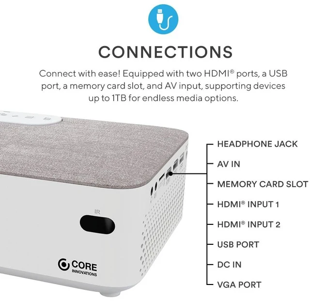 Alt view image 2 of 7 - Core Innovations Home Theater Bundle with Projector, 120" Screen, and Two Mini Bluetooth Wireless Bone Conduction Instant Speakers, White