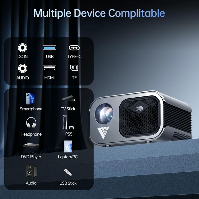 Alt view image 2 of 7 - Home Projector with WiFi and Bluetooth, Native 1080P, 4K Support, Portable Smart Projector, Mirror Screen, Compatible with Android, iOS SmartPhone/PC/PS5/TV Stick for Home Movies