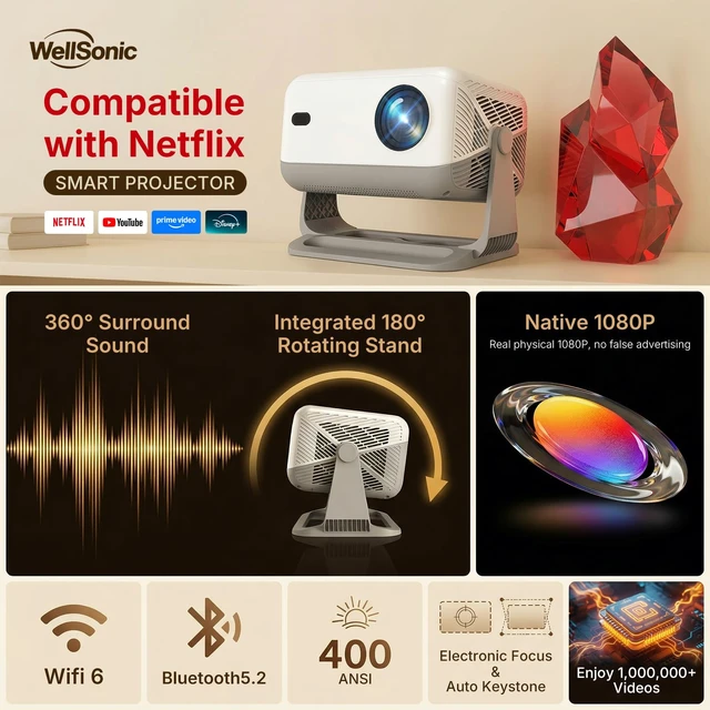 Alt view image 2 of 7 - Compatible with Netflix Smart Projector with Whale TV, Native 1080P Projector Supports 4K, Auto Focus & Auto Keystone, Dolby Audio, WiFi and Bluetooth Home Theater Projector