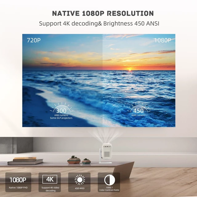 Alt view image 2 of 7 - KP1 Portable Movie Projector,Smart Projector with WiFi 6 and BT5.2, 450 ANSI Support 4K Native 1080P, Auto Focus& Auto Keystone ,360°Adjustable Stand,Compatible with iOS/Android/HDMI