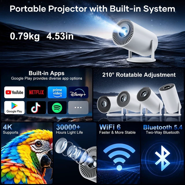 Alt view image 2 of 7 - Mini Projector with WiFi and Bluetooth - Lehwey Portable Projector with Built-in Apps, Electric Focus, 210° Rotation, Home Movie Projector 4K 1080P, Compatible with HDMI/USB/TV Stick/Smartphone/Laptop