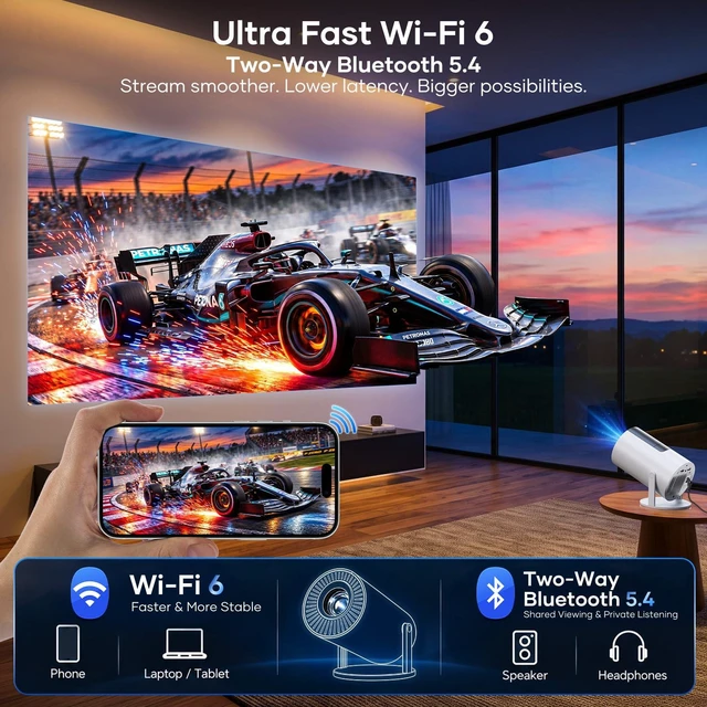 Alt view image 6 of 7 - Mini Projector with WiFi and Bluetooth - Lehwey Portable Projector with Built-in Apps, Electric Focus, 210° Rotation, Home Movie Projector 4K 1080P, Compatible with HDMI/USB/TV Stick/Smartphone/Laptop