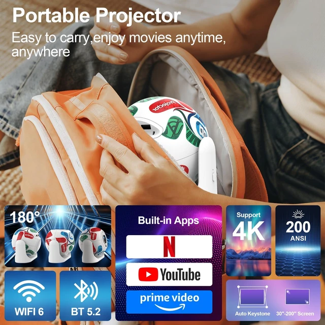 Alt view image 2 of 7 - Mini Projector with WiFi and Bluetooth, Movie Projector for Bedroom Ceiling | 4K Supported, 180° Rotatable, Built-in Apps, Auto Keystone & Electric Focus, Outdoor Projector for Phone/Laptop/TV Stick