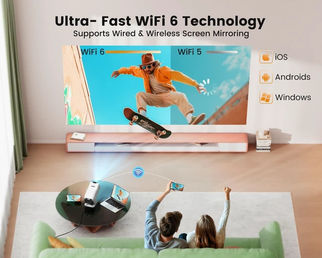 Alt view image 4 of 7 - Mini Projector with WiFi and Bluetooth, 4K Decoding Outdoor Proyector | 270° Rotatable, Auto Keystone, Short Throw Projector, Portable Small Projector for Bedroom/Outdoor, iOS/Android/TV Stick/PS5