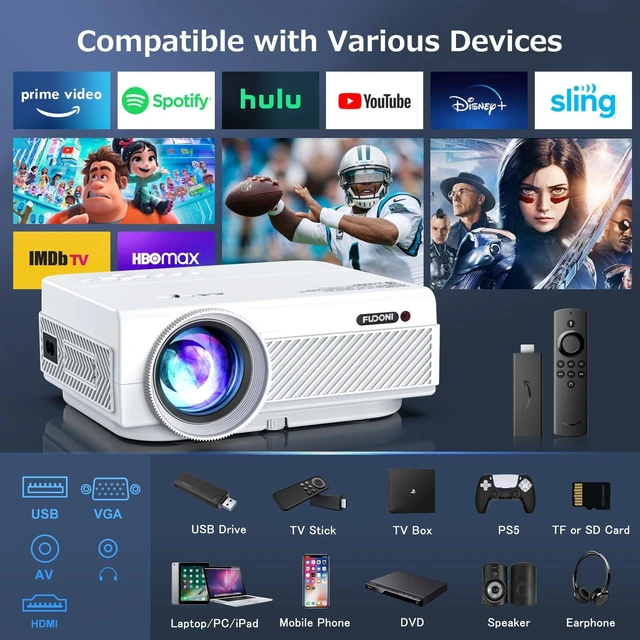 Alt view image 6 of 7 - FUDONI Native 1080P WiFi Bluetooth Projector, Built-in Speaker, Portable | 25000L,Max 300" Screen, Compatible with HDMI, USB, AV, TF, VGA, Fire Stick, Laptop, Smartphone, Game Console, Indoor Outdoor