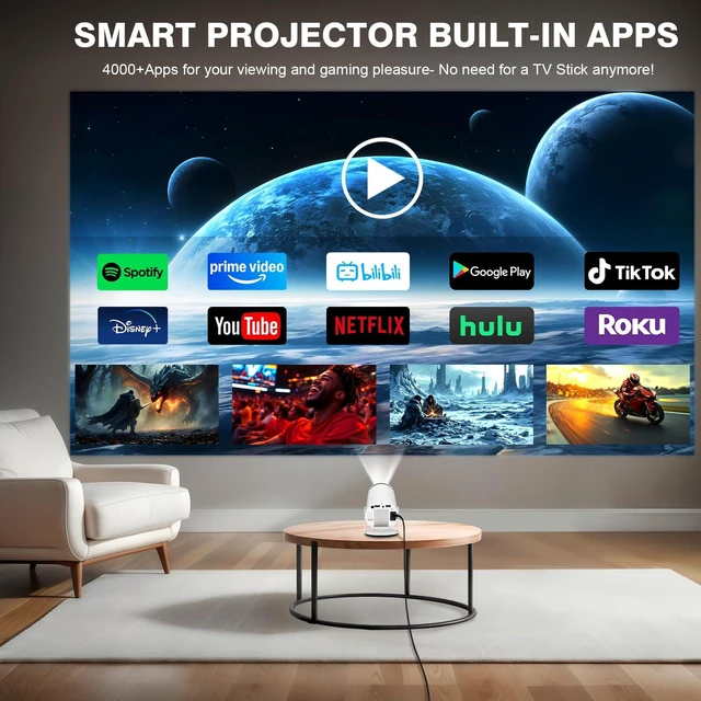 Alt view image 2 of 7 - HY300Pro Mini Projector with WIFI and Bluetooth,Portable Projector 4K 1080P Support ,Auto Keystone Correction,200 ANSI Lumens,40"-130'' Screen Movie Projector, Smart Projector with Android 11.0